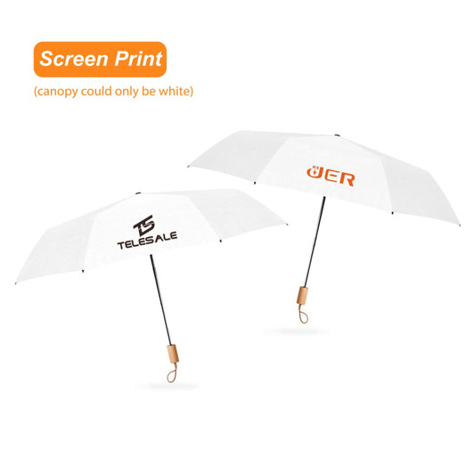A white triple folding RPET umbrella with a black handle, featuring logos on the canopy.