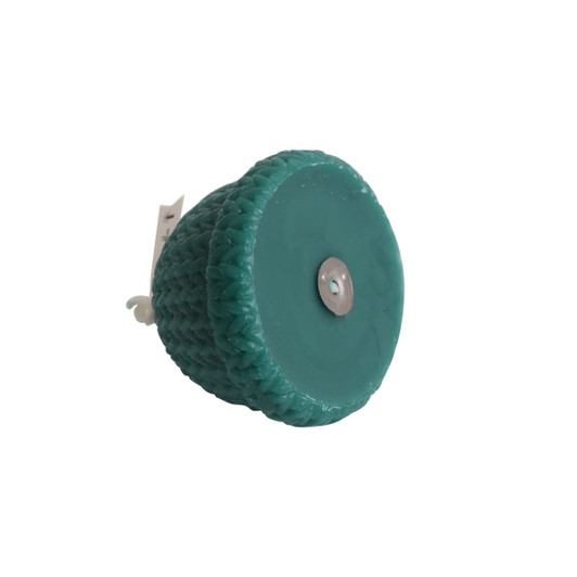 A teal hat-shaped candle with a textured surface, featuring a metallic base. Includes a branding label.