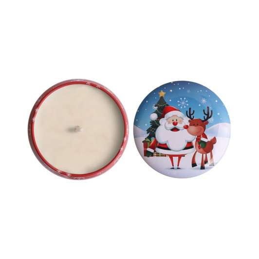 A tin candle set featuring festive designs with Santa and a reindeer, predominantly in red and white.