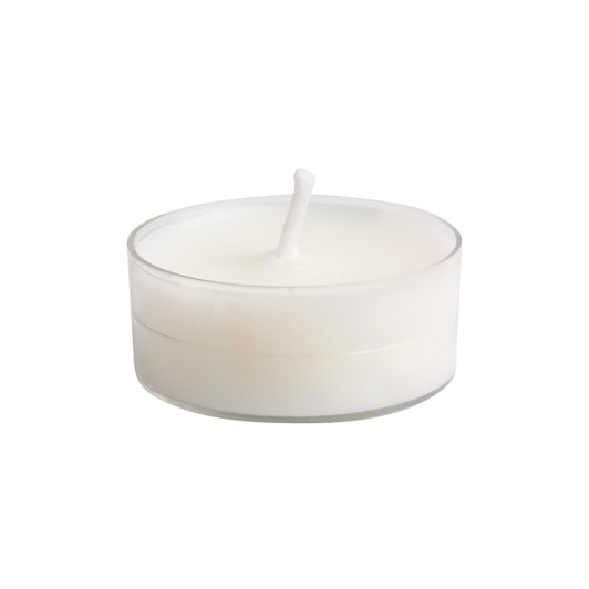 A tealight candle in a transparent holder, featuring a smooth white wax and a simple wick design.