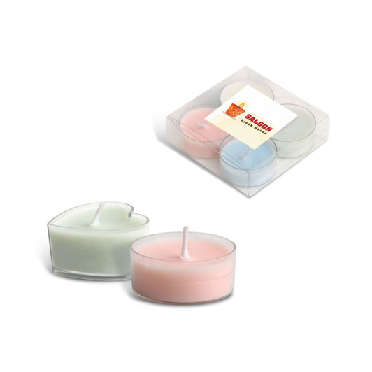 A tealight candle set featuring four pieces in pastel green, pink, and blue, packaged in a clear box.