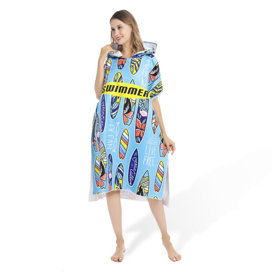 A hooded towel in blue featuring surfboard designs and a logo, designed for health and personal use.