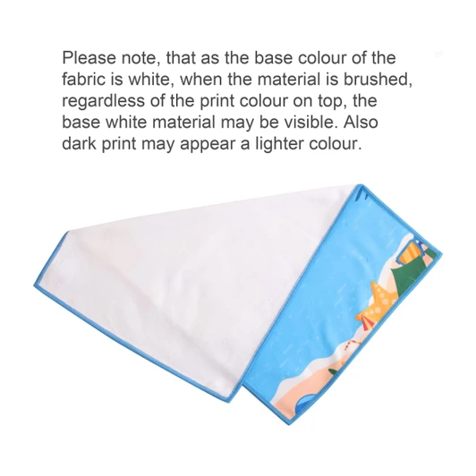 A microfibre beach towel in blue and white, featuring a colourful design, with a logo visible on one side.