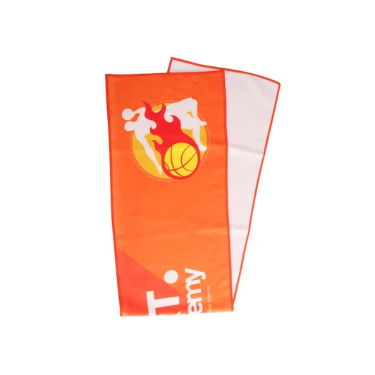 An orange sports towel with a logo, featuring a design related to basketball.