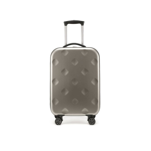 A collapsible suitcase in grey with a textured surface, featuring a retractable handle and four wheels.