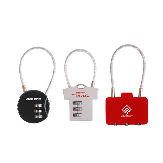 A set of three metal coded locks in black, silver, and red, featuring various designs and a logo.