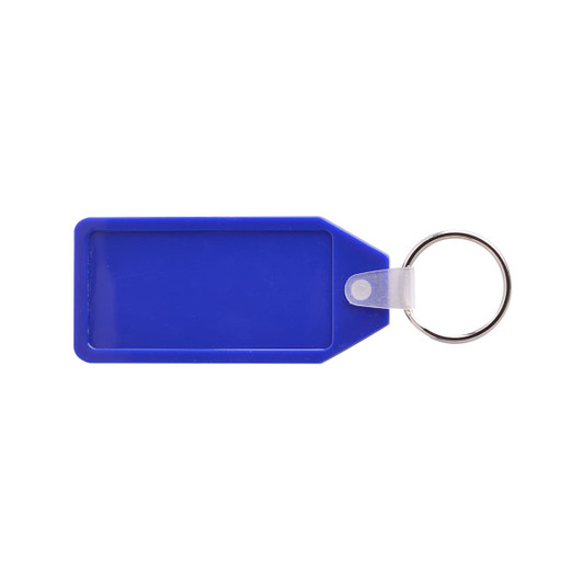A blue long hexagon hard plastic keyring with a metal keyring attachment. It features a logo.