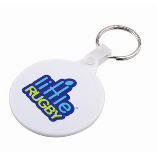 A round hard plastic keyring in white featuring a blue logo. It has a metal keyring attachment.