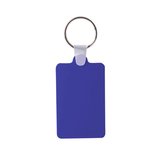 A rectangular blue Durasoft keyring with a silver metal ring for attaching keys or other items.