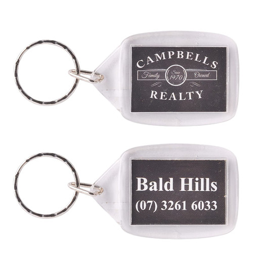 A rectangular acrylic keyring with a silver keychain, featuring a logo on one side and contact details on the other.