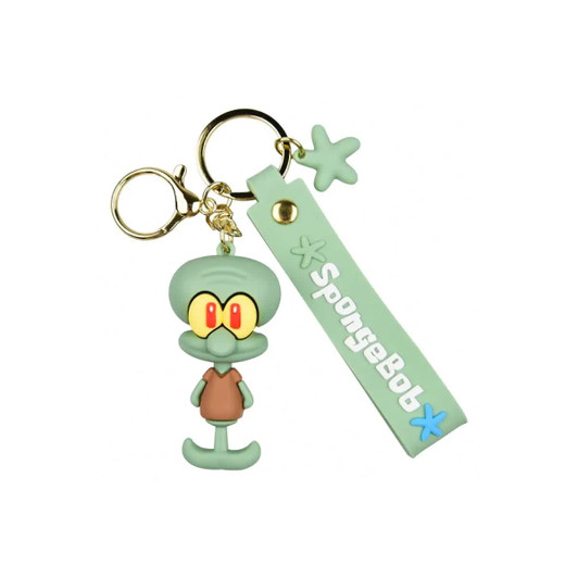 A green custom-shaped PVC keyring featuring a cartoon character with a matching strap and a logo.
