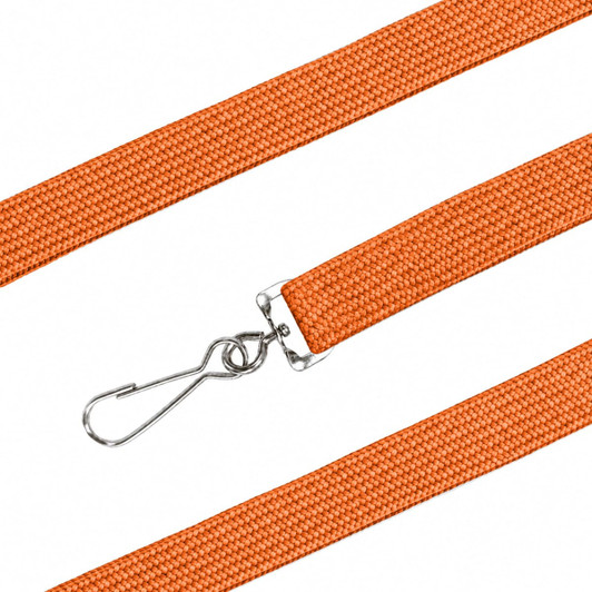 An orange bootlace lanyard featuring a metal clip for attachment. It's designed for events and exhibitions.