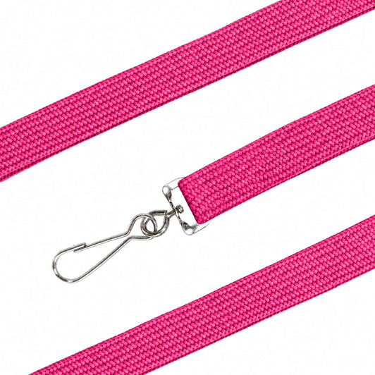 A pink bootlace lanyard with a silver metal clip at one end. The material appears durable and woven.