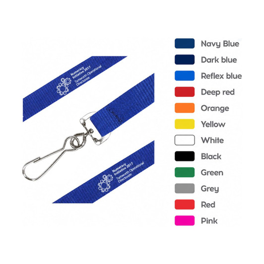 A navy blue poly ribbed lanyard with a clip, featuring various available colour options alongside it.