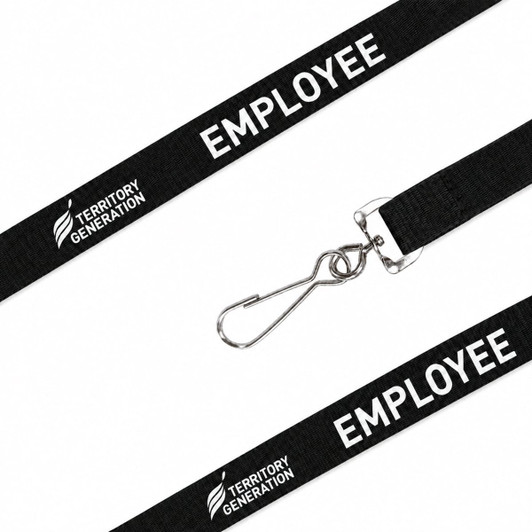 A black poly ribbed lanyard with a clip attachment and a logo, featuring the word "EMPLOYEE."