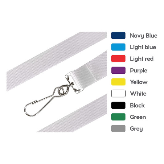 A nylon lanyard in various colours, featuring a metal clip attachment for holding items securely.