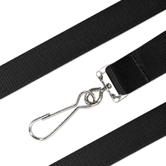 A black nylon lanyard featuring a metal hook for attaching items. It has a textured surface and branding.