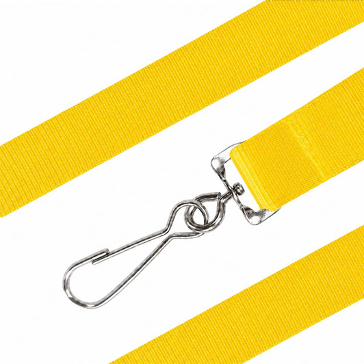 A yellow nylon lanyard featuring a metal clip for attachment.