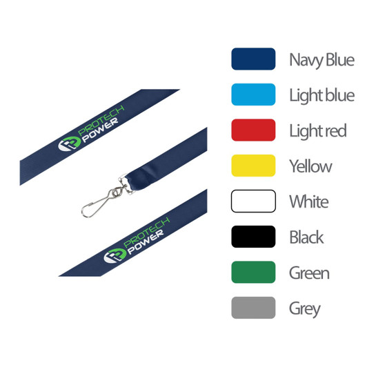 A navy blue satin lanyard featuring a clip and a logo, alongside swatches of other available colours.
