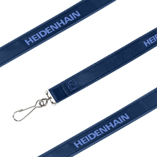 A navy blue poly satin lanyard featuring a logo and a metal clip for attaching items.