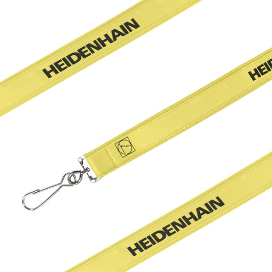 A yellow poly satin lanyard with a clip and branding along its length.