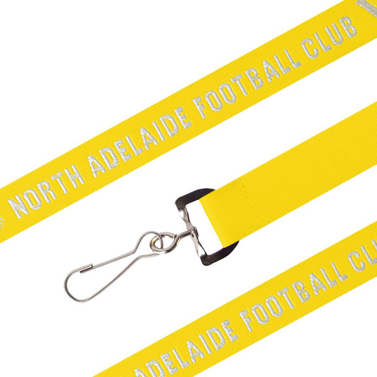 A yellow woven lanyard featuring a silver clip and a logo, designed for events and exhibitions.