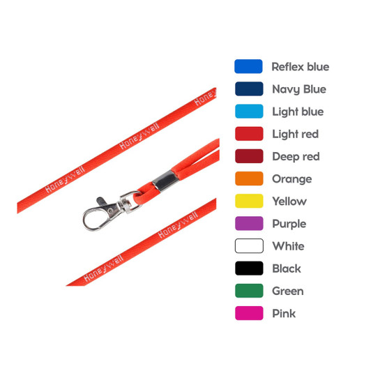 A red poly rope lanyard with a metal clasp, featuring a branding logo and a colour reference guide.