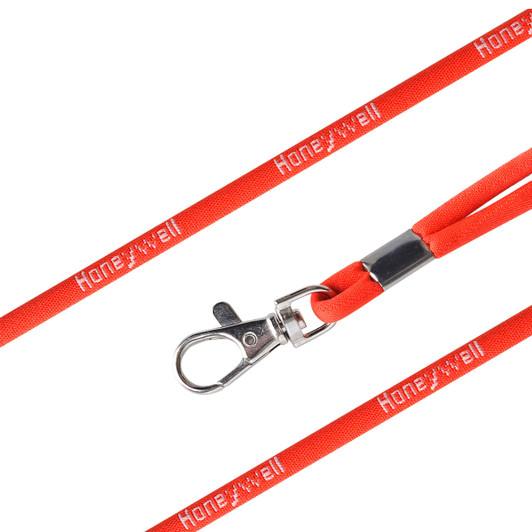 An orange poly rope lanyard with a metal clasp and a logo along the length.