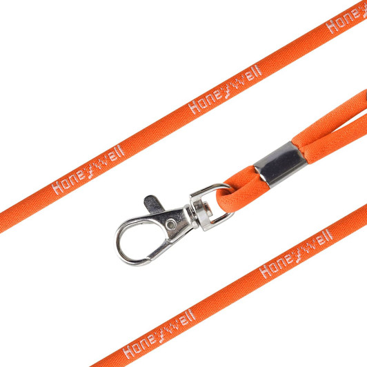 An orange poly rope lanyard with a silver clip and branding, suitable for exhibitions and events.