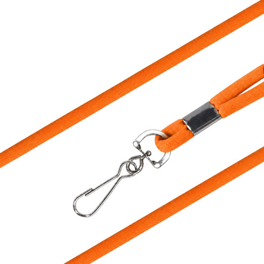 An orange poly rope lanyard with a metal clip for attachment, featuring a sleek design and durable materials.