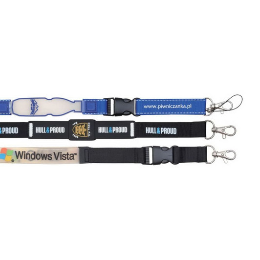 A set of three lanyards in blue, black, and clear PVC, each featuring clips and logos.