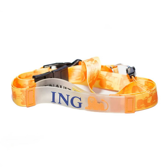 An orange Poly-PVC lanyard featuring a branding logo, with adjustable fittings and a smooth finish.