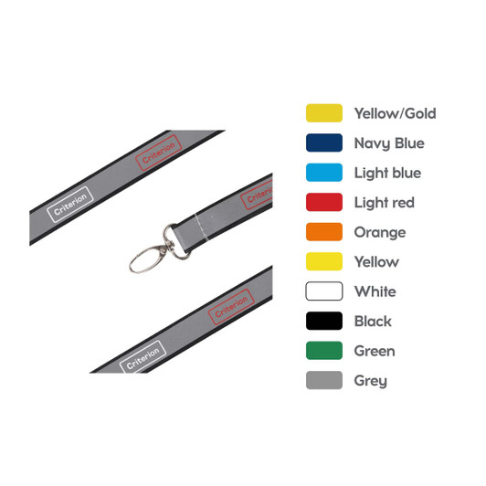 A grey safety lanyard with a metal clip and a logo, available in multiple colours including yellow, blue, and orange.