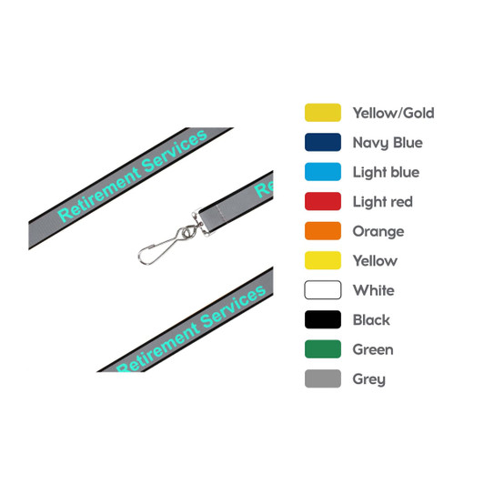 A safety lanyard in various colours, featuring a clip and a logo, designed for exhibitions and events.