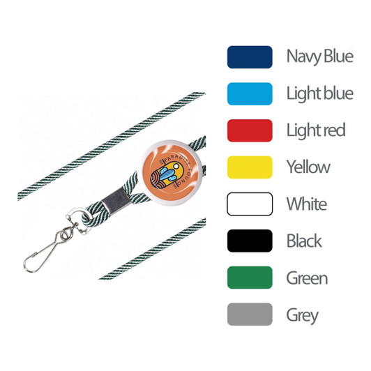 A navy blue and white lanyard with an epoxy domed badge and a metal clasp, featuring various other colour options.