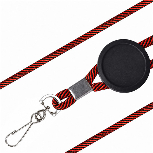 A black and red striped lanyard with a circular attachment and a metal clip for holding items.