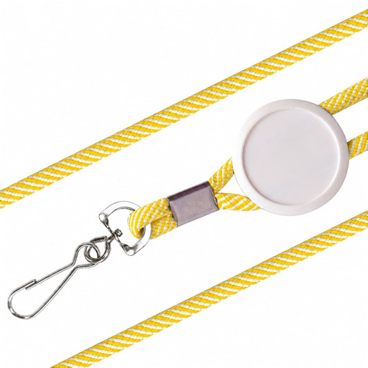 A yellow and white striped lanyard with a retractable badge holder and a clip attachment.