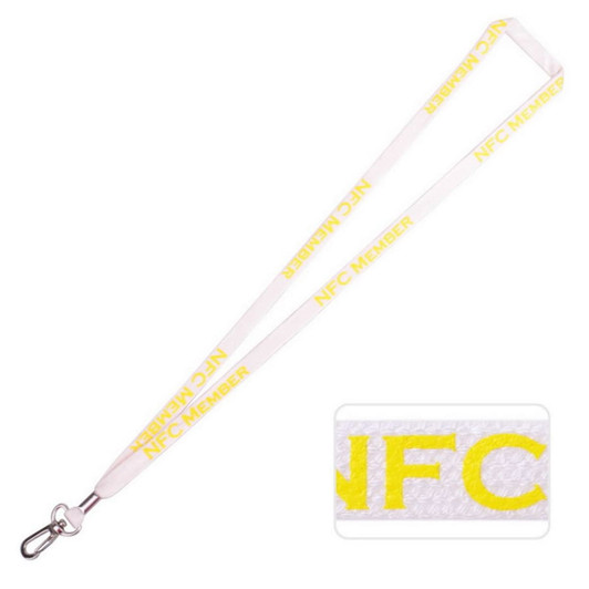 A white bootlace lanyard with yellow text and a silver clip at one end. It features a logo.