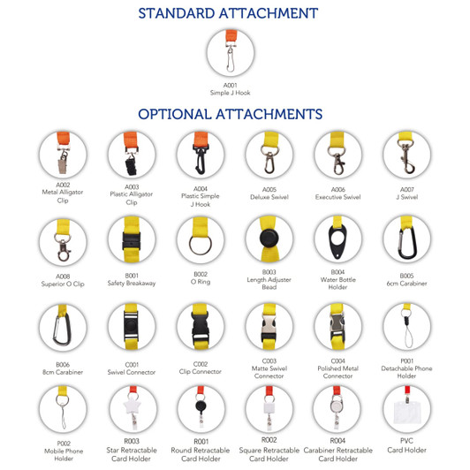 A collection of lanyard attachment options, featuring various clips and connectors in different colours and styles.