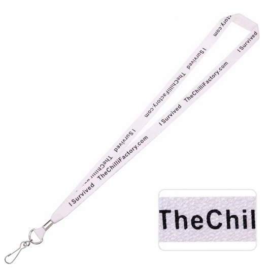 A white ribbed lanyard with a silver clasp and repeating text pattern, featuring a logo.