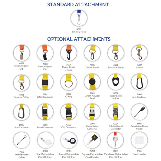 A variety of lanyard attachments in yellow and black, including clips, carabiners, and retractable options.