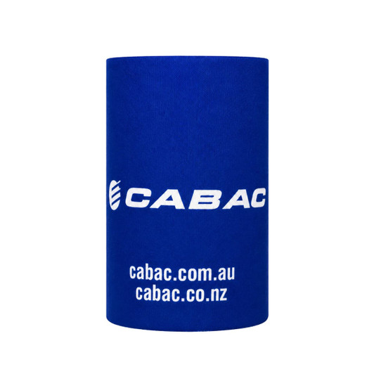 A blue stubby holder featuring a logo, designed to fit standard drink bottles.