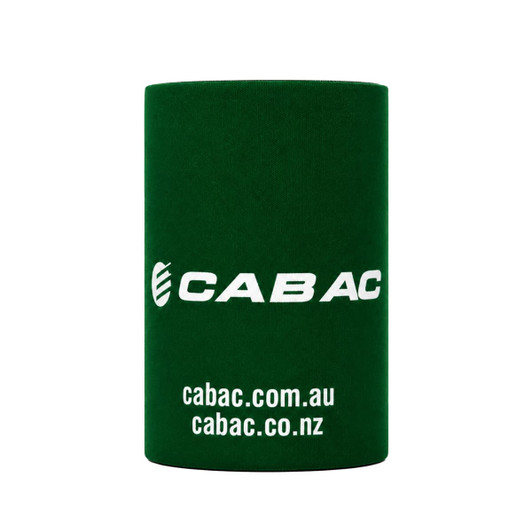 A green stubby holder with a logo and text, designed for drinkware.