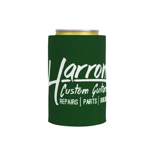 A drink bottle holder in green with a logo, designed for holding cans.