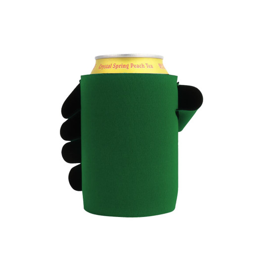 A green stubby holder with a glove-like design, holding a can of Crystal Spring Peach Tea.