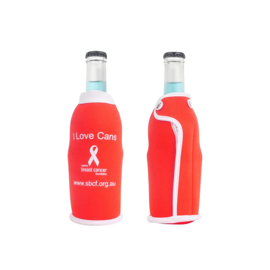A drink bottle cooler in red with a white trim and a logo, designed for standard beverage bottles.