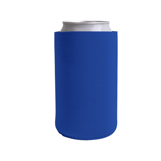 A drink can nestled in a blue skinny stubby holder. The holder features a smooth surface and a seamless design.