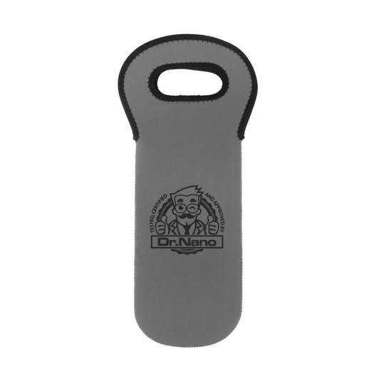 A drink bottle cooler in grey with a handle and a logo. Designed to fit a single bottle.