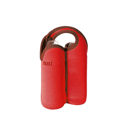 A drink bottle cooler in vibrant red with a snap handle, designed to hold two bottles side by side.