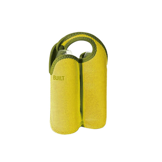 A drink bottle cooler in vibrant yellow and green, featuring a snap handle and capacity for two bottles.